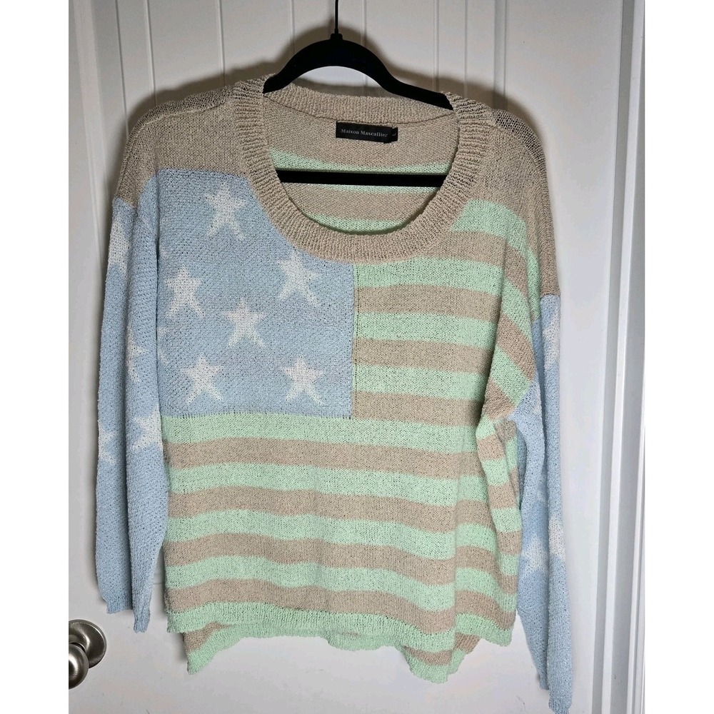 Maison Mascallier USA Flag Sweater Sz L Large  Blue Green Beige Soft